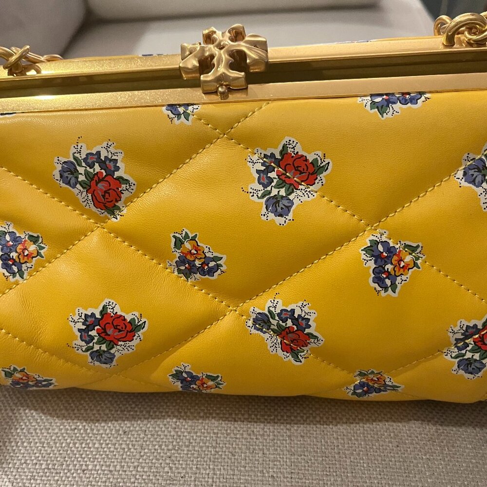 TORY BURCH CLEO QUILTED FLORAL YELLOW TEA ROSE CHAIN BAG